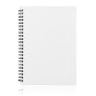 A blank white spiral notebook is shown against a white background. The notebook is closed and oriented vertically, with the spiral binding on the left side.