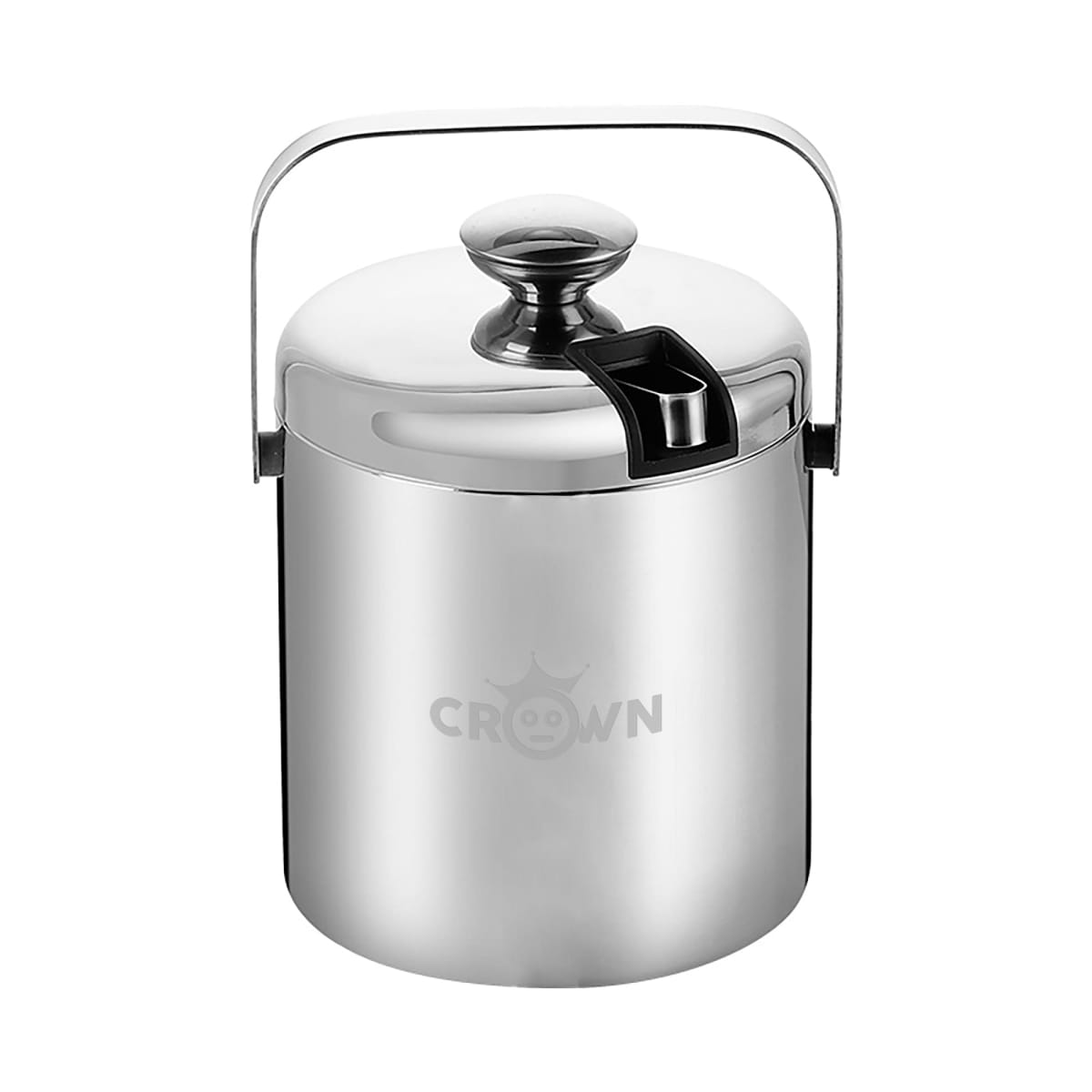 Stainless steel ice bucket with handle and lid, featuring Crown etched on the side.