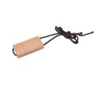 Wooden USB stick with a dark brown cord attached.