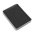 A small spiral-bound notebook with a black cover, viewed from a slightly elevated angle. The notebook is closed, and its pages are visible along the edge. The spiral binding is black and contrasts with the white pages.