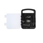 Black toolset with various bits, driver, and handle in a white carrying case.