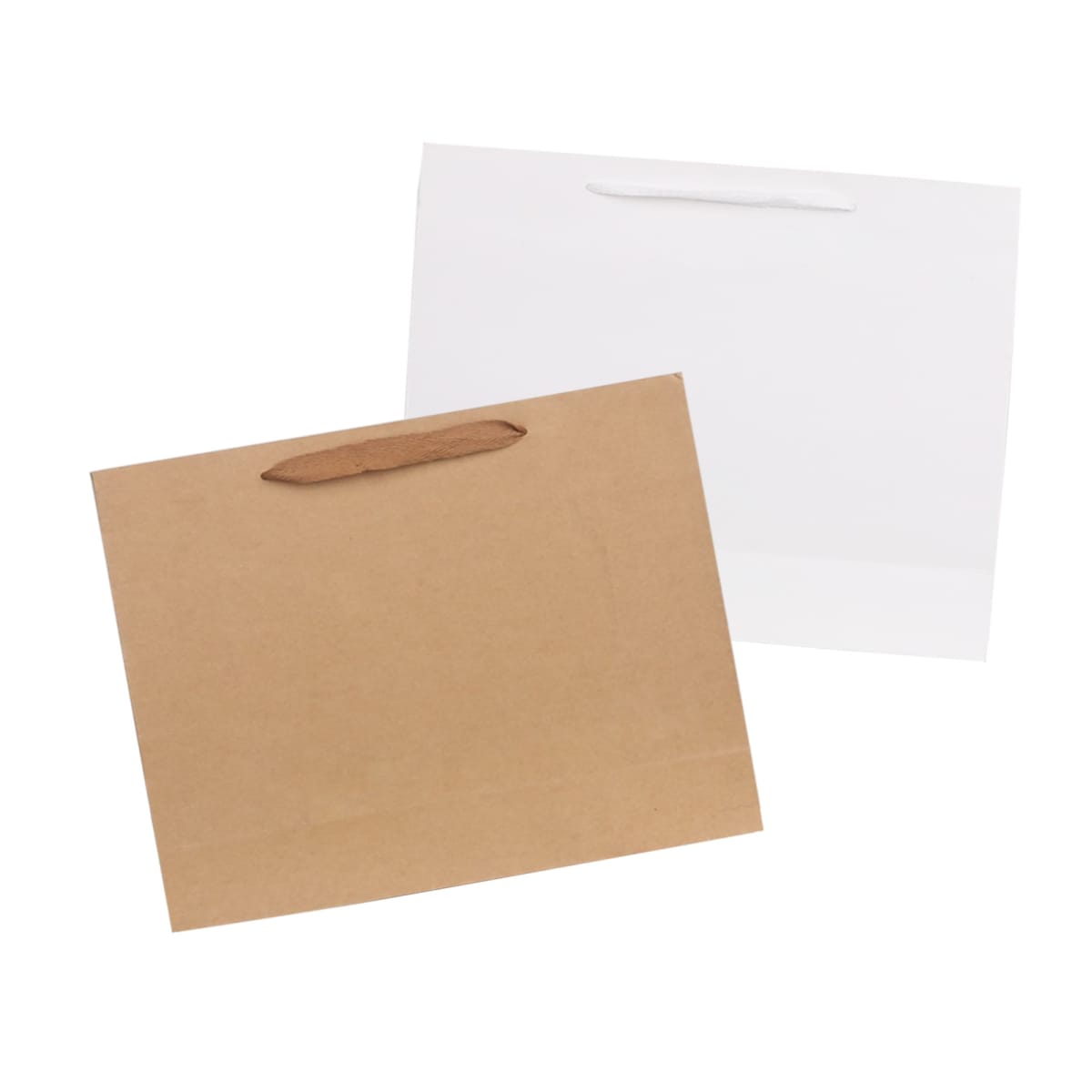 Brown and white paper bags with handles on a white background.