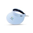 Light blue sports visor with a logo and black adjustable strap on a white background.