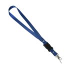 A blue lanyard with a black plastic buckle and a silver metal clip.