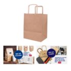 Brown paper bags with customizable stickers and stamps shown in various colors and styles.