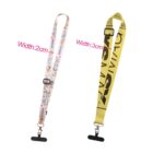 Two lanyards: one with a colorful cartoon design, labeled Width: 2cm, and the other with a bold yellow and black design labeled Width: 3cm. Both have clips for holding ID cards or keys.