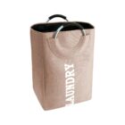 Beige laundry bag with circular handles and LAUNDRY printed vertically.