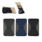 Phone wallets with stands in black, blue, and gray; one shown attached to a phone.