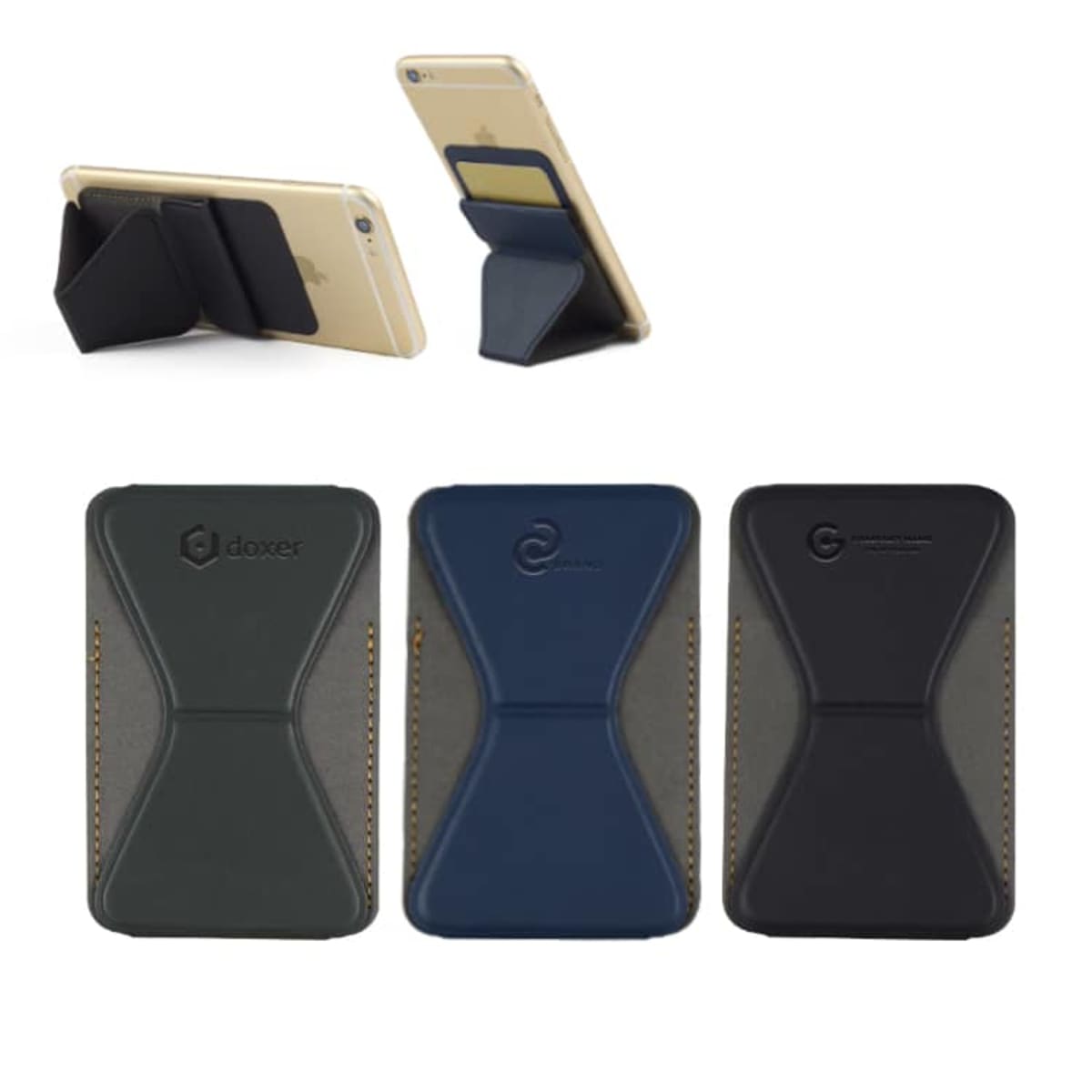 Phone wallets with stands in black, blue, and gray; one shown attached to a phone.