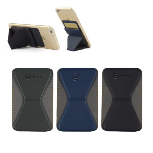 Phone wallets in black, green, and blue with a phone stand attached to a smartphone.