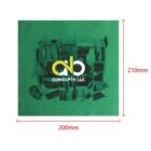 Green napkin with Concepts LLC logo, tools collage, 210mm x 200mm size indicated.