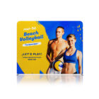 Beach volleyball poster with two players holding a ball, event on May 30.