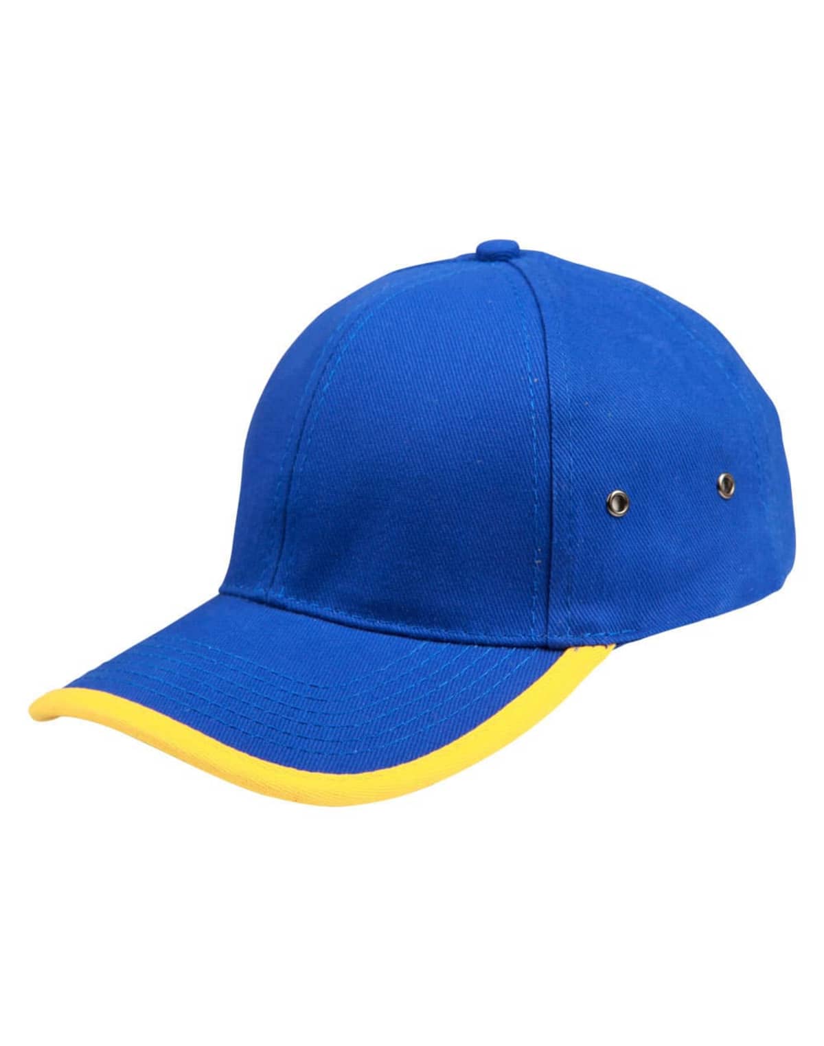A blue baseball cap with a yellow brim edge.