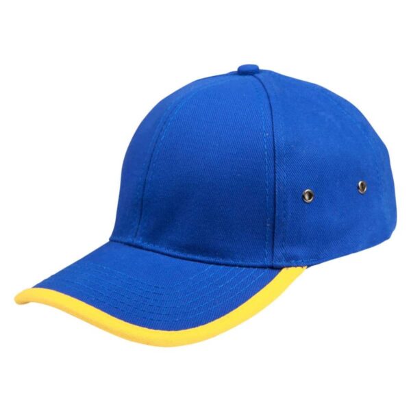 Blue cap with yellow rim, featuring two ventilation eyelets on the side.