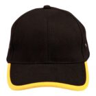 Black baseball cap with yellow trim on the brim.