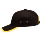 Black baseball cap with yellow accents, shown from the side.