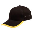 Black baseball cap with a yellow-edged brim on a white background.