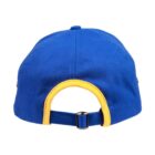 Back view of a blue cap with a yellow adjustable strap.
