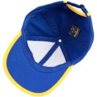 Blue baseball cap with a yellow brim, viewed from above, showing inside details.