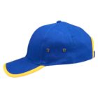 Blue baseball cap with yellow accents on the brim, side view.