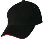 Black baseball cap with a red trim on the brim.