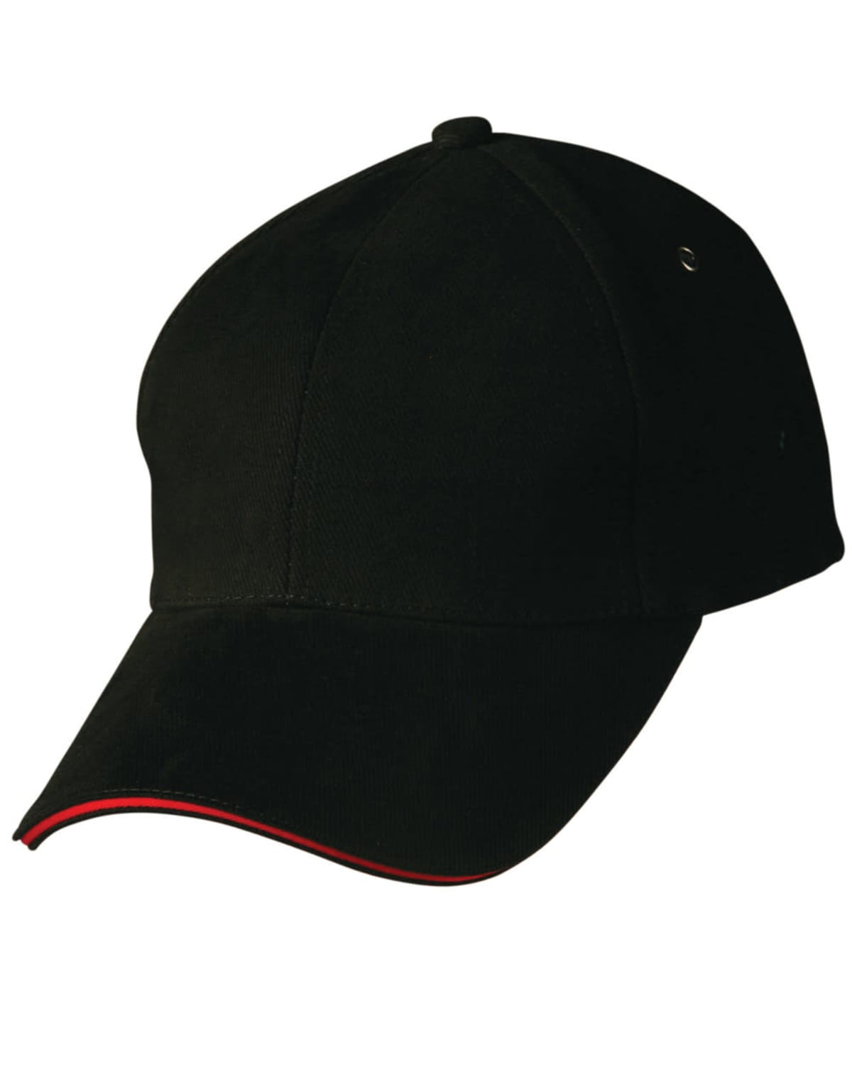 Black baseball cap with a red trim on the brim.