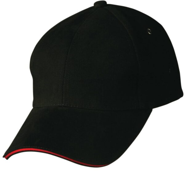 Black baseball cap with a red accent on the brim.