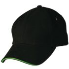Black baseball cap with green trim and metal eyelets, shown on a white background.