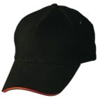 Black baseball cap with a red and yellow striped brim.