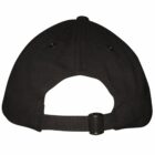 Back view of a black baseball cap with an adjustable strap.
