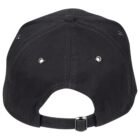 Back view of a black baseball cap with adjustable strap and metal eyelets.