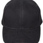 Black baseball cap with orange trim on the brim, front view.