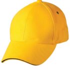 Yellow baseball cap with black trim on a white background.