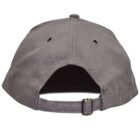 The back of a gray baseball cap with an adjustable strap and metal eyelets.