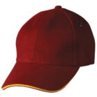 Maroon baseball cap with a yellow-trimmed brim, viewed from the front-left side.