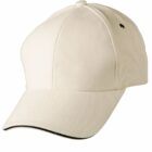 Beige baseball cap with a black trim on the peak.