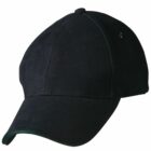 Black baseball cap with a green underbrim and small logo.