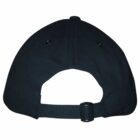 Back view of a black baseball cap with an adjustable strap and hole for ventilation.