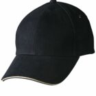 Black baseball cap with white trim on the visor, viewed from the front-left angle.