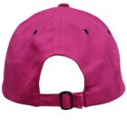 Back view of a pink baseball cap with an adjustable strap and ventilation holes.