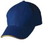 Blue baseball cap with yellow stripe on the brim.