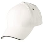 White baseball cap with a black-trimmed visor on a white background.