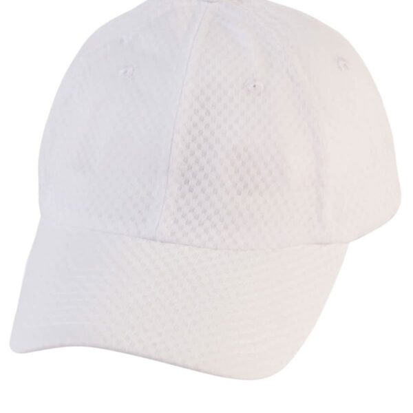White baseball cap with a textured pattern on the fabric.