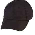 Black textured baseball cap on white background.