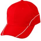A red baseball cap with white trim accents on the brim and sides.