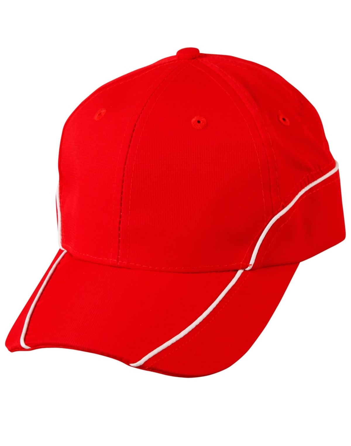A red baseball cap with white trim accents on the brim and sides.