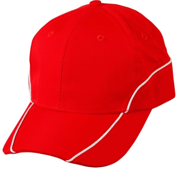 Bright red baseball cap with white trim accents.