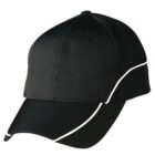 Black baseball cap with white trimming on brim and panel edges.