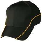 Black baseball cap with yellow piping detail.