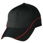 Black baseball cap with red trim and eyelets.